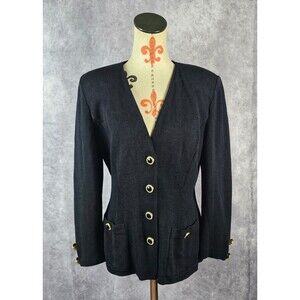 Gorgeous St. John Evening Women 14 Cardigan Jacket Black Enamel Jeweled Btns EUC